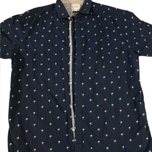 Men's Navy Blue Palm Tree Print Button Down Short Sleeve Shirt Size XL